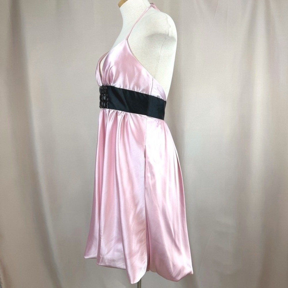 JESSICA McCLINTOCK (8) Pink Satin Halter Dress Pockets Y2K Party Prom Cocktail - Picture 7 of 10